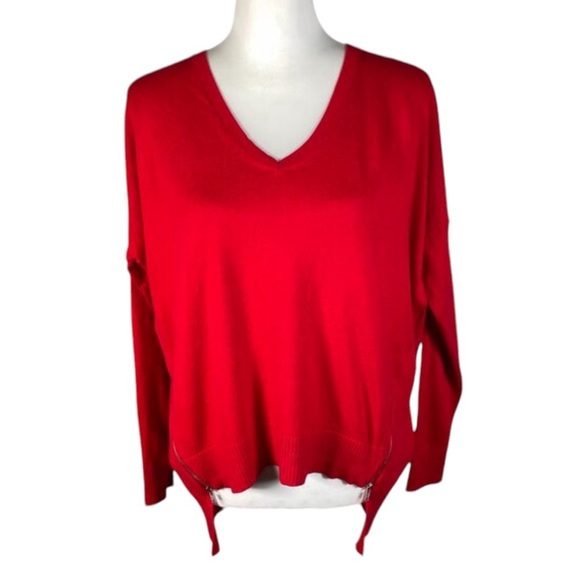 Express Red V Neck Tight Knit Zip Front Long Sleeve Pullover Sweater SP - Picture 1 of 13